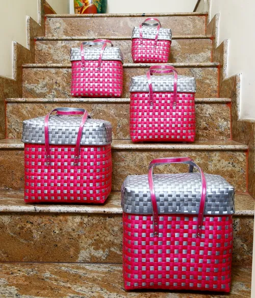 Chettinad Pink and Grey  Regular Baskets With Lid-Set of 5